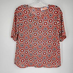 Pants Store Blouse Game Day S Navy Orange Tan Abstract Hexagon Short Sleeve New